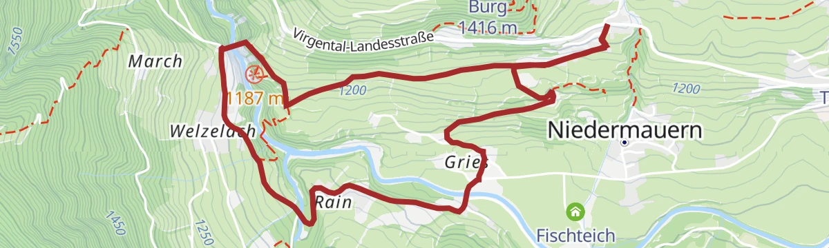 Route map: Rundwanderung Hängebrücke Iselschlucht über Gries